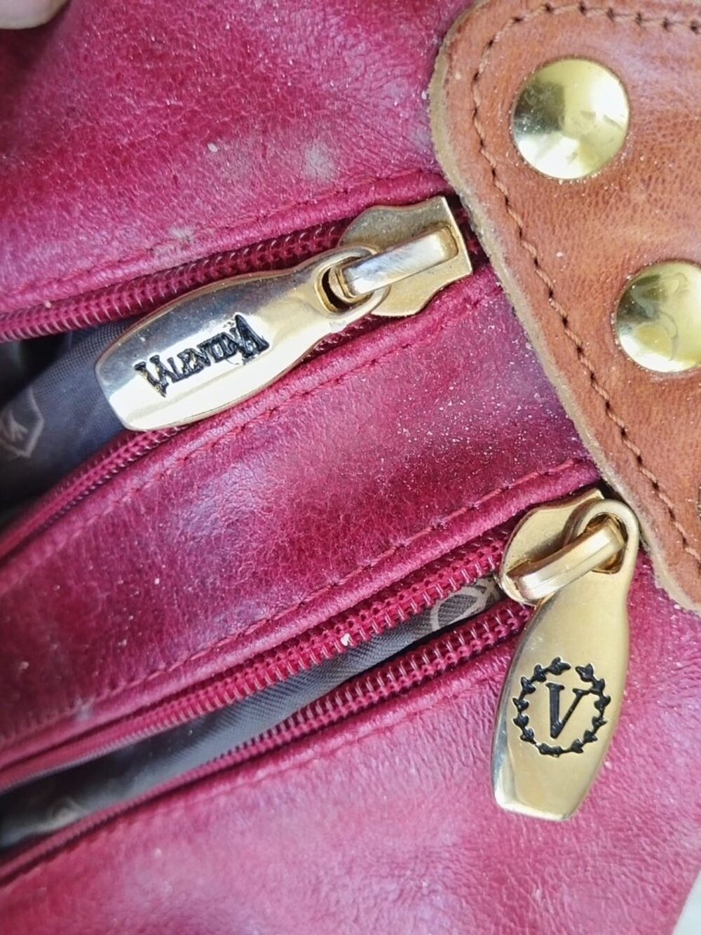 Vintage VALENTINA Italy Genuine Leather Handbag Burgundy & Cognac Brown - Picture 6 of 14